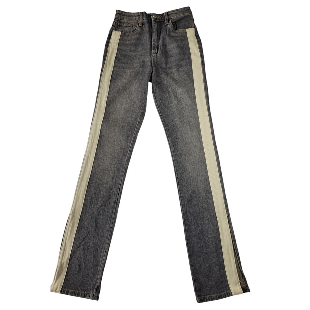 ✅ NWT Blank NYC Gray with Tan Stitching The Cooper Long Slim Straight Jeans  25